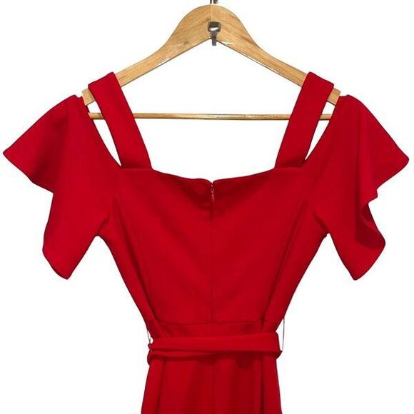 Calvin Klein Womens Cold Shoulder Flutter Sleeve Tie Belt Jumpsuit Red Size 2 - Picture 3 of 11